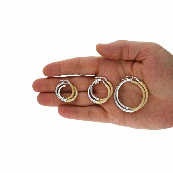 Yellow White Gold Over Silver 3mm Half Mesh Half Shiny Hoop Earrings