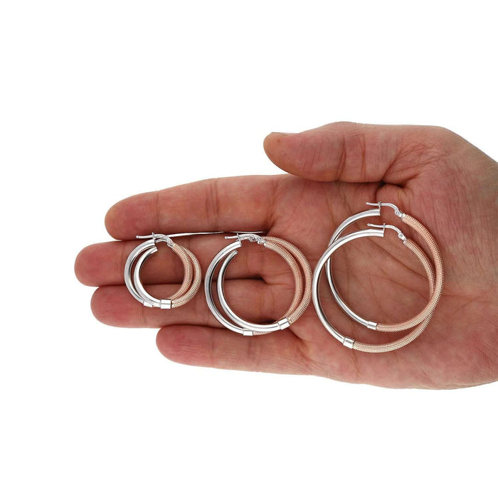 Rose White Gold Over 925 Sterling Silver 3mm Half Mesh Half Shiny Hoop Earrings