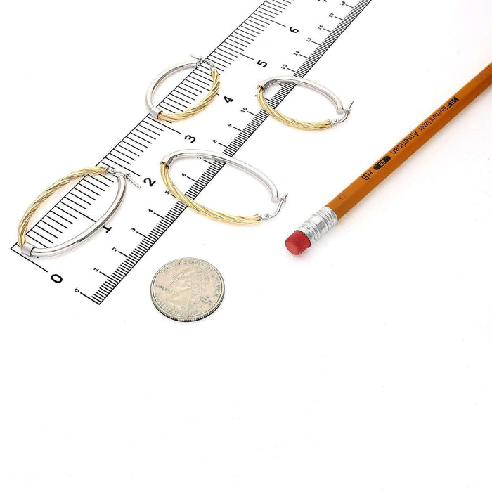 Yellow White Gold Over 925 Silver Shiny Half Twisted Oval Hoop Earrings