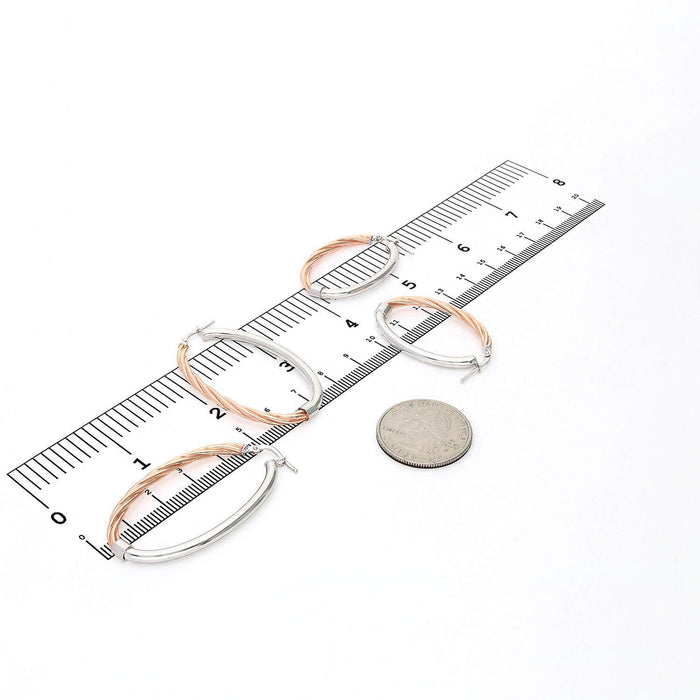 White Rose Gold Tone Over 925 Silver Half Shiny Half Twisted Oval Hoop Earrings