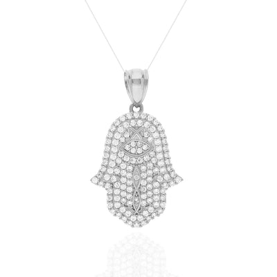 14K White Gold Rose 4CTW CZ Hamsa Evil Eye Pendant 1.1”