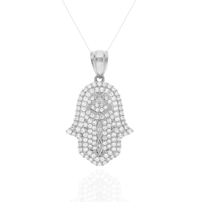 14K White Gold Rose 4CTW CZ Hamsa Evil Eye Pendant 1.1”