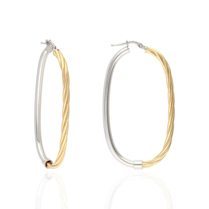 Yellow White Gold Over 925 Silver Shiny Half Twisted Flat Oval Hoop Earrings