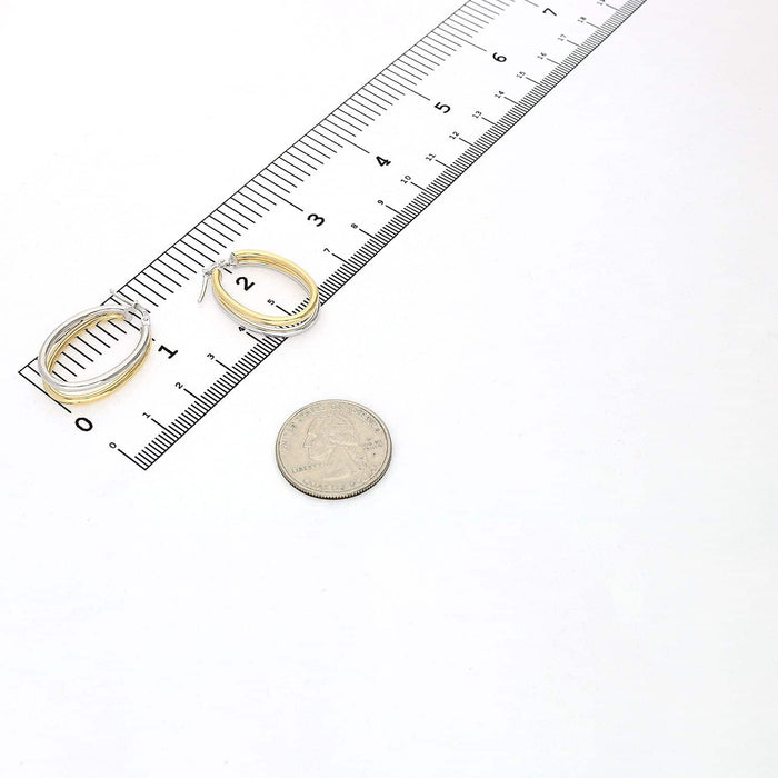 Yellow White Gold Two-Tone Over 925 Silver Shiny Double Oval Hoop Earrings