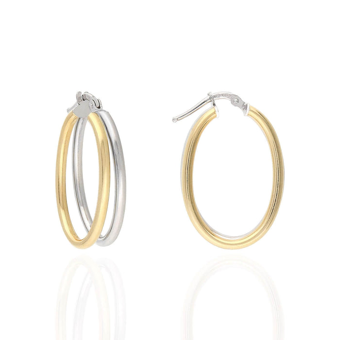 Yellow White Gold Two-Tone Over 925 Silver Shiny Double Oval Hoop Earrings