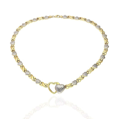 10K Yellow White Gold Diamond-Cut Stampato Double Heart & Kisses XO Necklace (Hollow) 18"