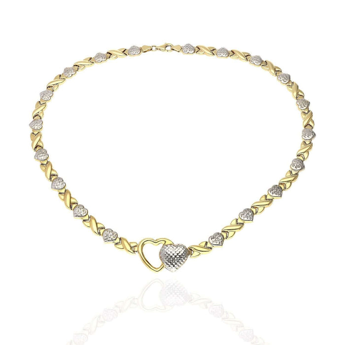 10K Yellow White Gold Diamond-Cut Stampato Double Heart & Kisses XO Necklace (Hollow) 18"