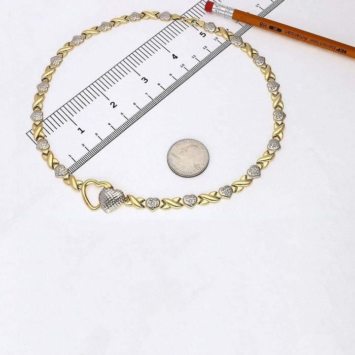 10K Yellow White Gold Diamond-Cut Stampato Double Heart & Kisses XO Necklace (Hollow) 18"