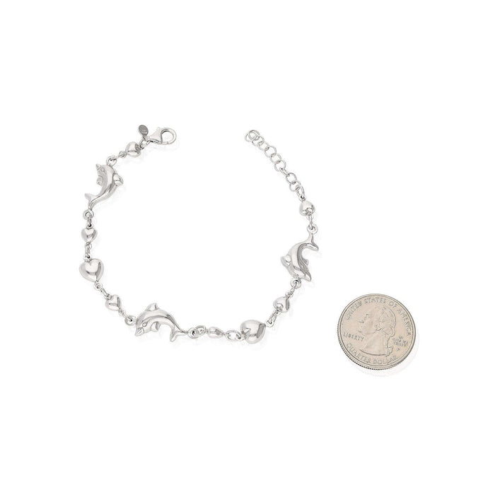 Sterling Silver Shiny Puffed Dolphin and Heart Adjustable Bracelet (Solid Links) 7"-8.5" Adjustable