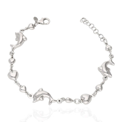 Sterling Silver Shiny Puffed Dolphin and Heart Adjustable Bracelet (Solid Links) 7"-8.5" Adjustable