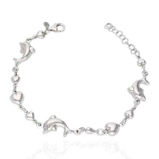 925 Sterling Silver Shiny Puffed Dolphin And Heart Adjustable Bracelet 7"-8.5"