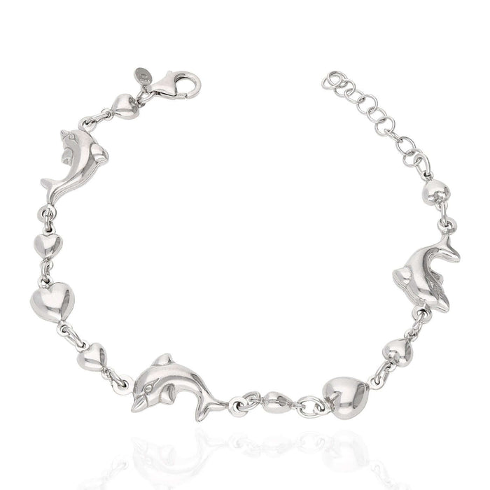 Sterling Silver Shiny Puffed Dolphin and Heart Adjustable Bracelet (Solid Links) 7"-8.5" Adjustable