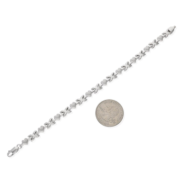 Sterling Silver 5.8mm Heart & Kisses XO Bracelet (Hollow) 7.5"