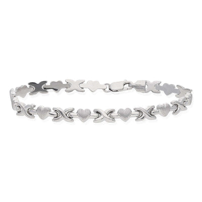 Sterling Silver 5.8mm Heart & Kisses XO Bracelet (Hollow) 7.5"