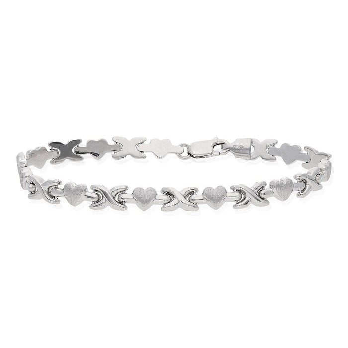 Sterling Silver 5.8mm Heart & Kisses XO Bracelet (Hollow) 7.5"