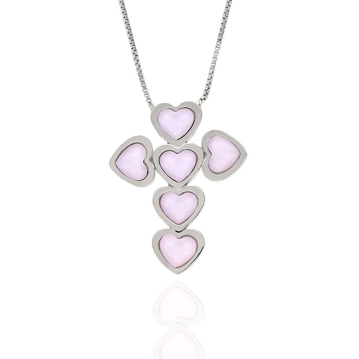 Sterling Silver Box Link Heart Green Pink Opal Cross Necklace (Solid Links) 18"