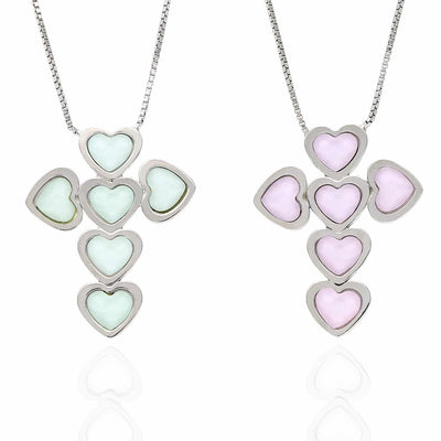 Sterling Silver Box Link Heart Green Pink Opal Cross Necklace (Solid Links) 18"