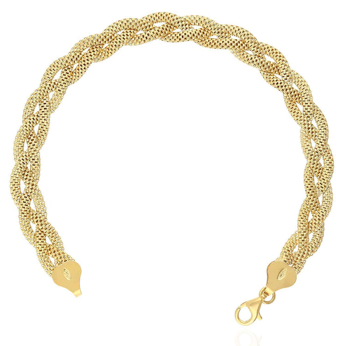 Yellow White Rose Gold Over Sterling Silver 7.5mm Braided Mesh Bracelet (Solid Links) 7.25"