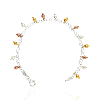 Sterling Silver Yellow Rose White Gold Over Diamond-Cut Dangle Beads Bracelet (Solid Links) 7.5"