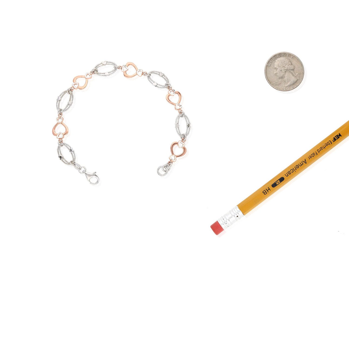 Yellow Rose Gold Two-Tone Over 925 Silver Heart And Oval  Bracelet 7.25"