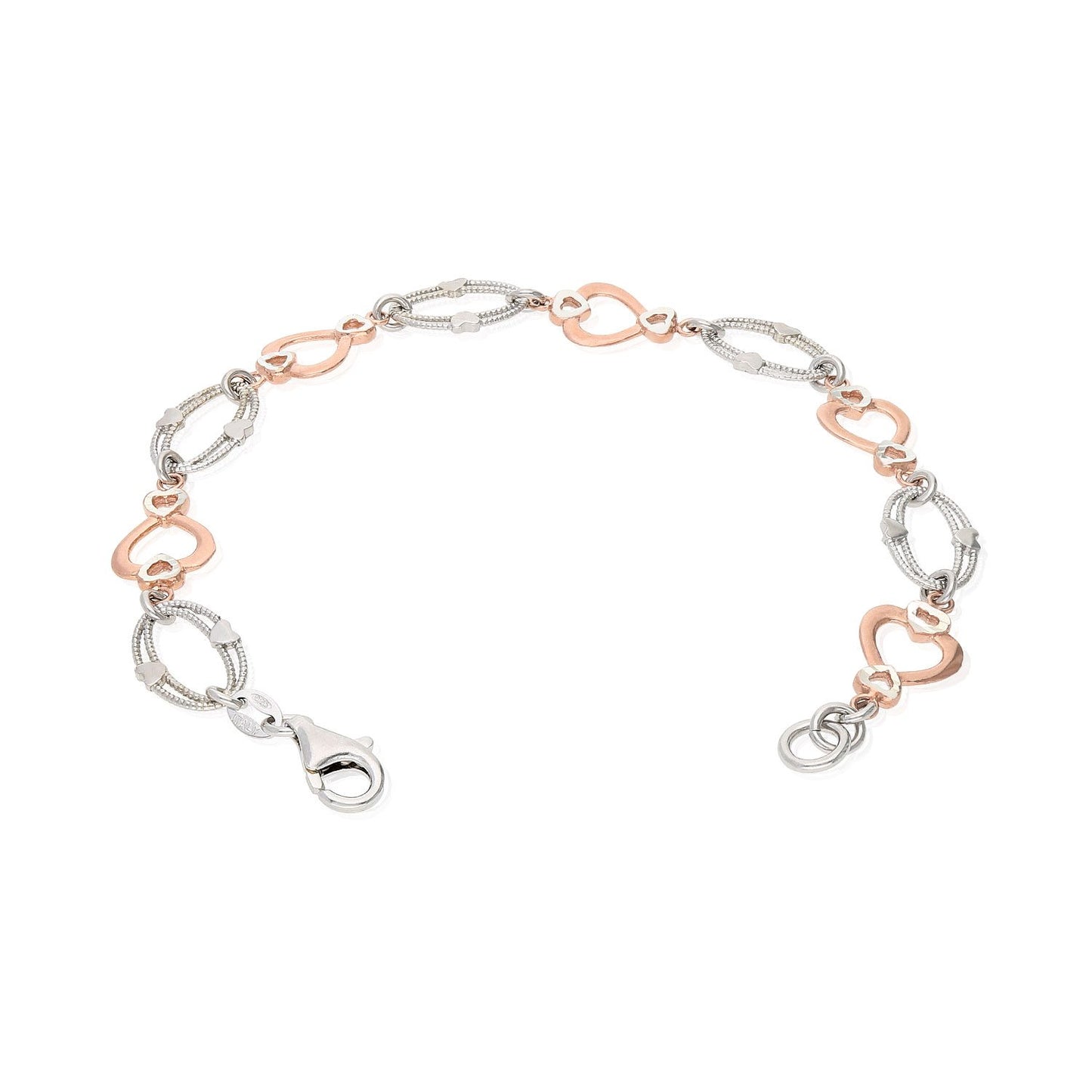 Yellow Rose Gold Two-Tone Over 925 Silver Heart And Oval  Bracelet 7.25"