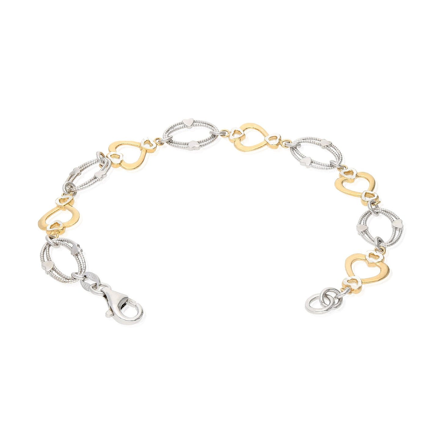 Yellow Rose Gold Two-Tone Over 925 Silver Heart And Oval  Bracelet 7.25"