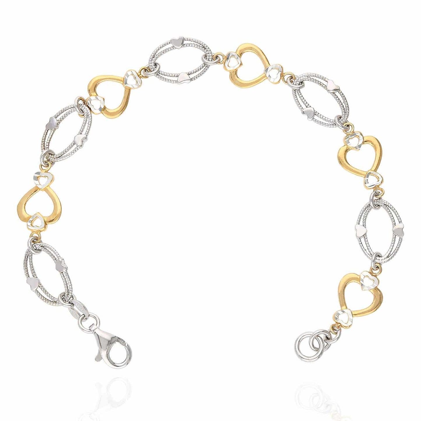 Yellow Rose Gold Two-Tone Over 925 Silver Heart And Oval  Bracelet 7.25"