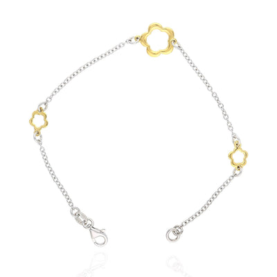 Gold Over Sterling Silver Open Flower Charm Station Cable Bracelet (Solid Links) 7.5"