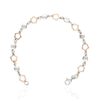 White Rose Gold Over Sterling Silver Flower Bracelet (Solid Links) 7.5"