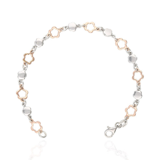 925 Sterling Silver White Rose Gold Tone Flower Bracelet 7.5"