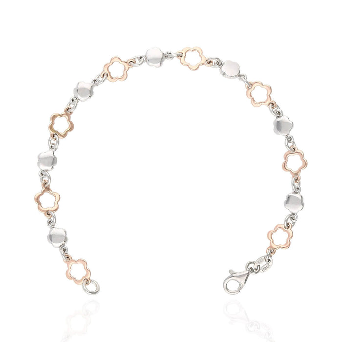 White Rose Gold Over Sterling Silver Flower Bracelet (Solid Links) 7.5"