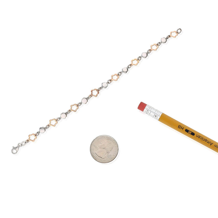 White Rose Gold Over Sterling Silver Flower Bracelet (Solid Links) 7.5"