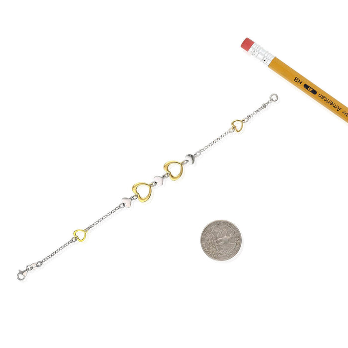 Gold Over Sterling Silver Open Hearts Cable Bracelet (Solid Links) 7.5"