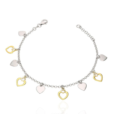 Yellow White Gold Over Sterling Silver Heart Charm Bracelet (Solid Links) 7.5"-8.5" Adjustable