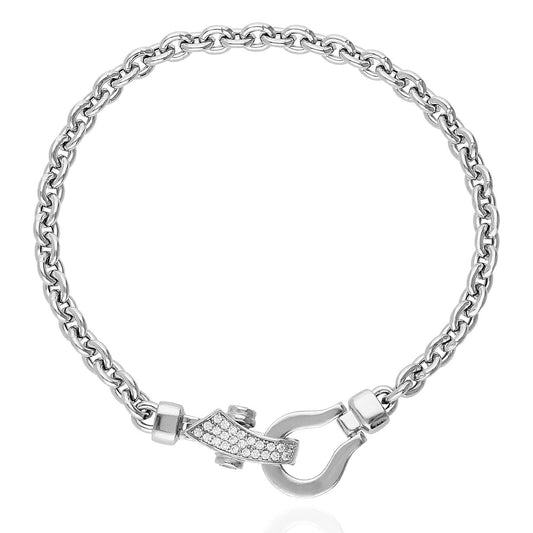 925 Sterling Silver Solid Cable  Created Diamond Snap Lock Bracelet 7.5"