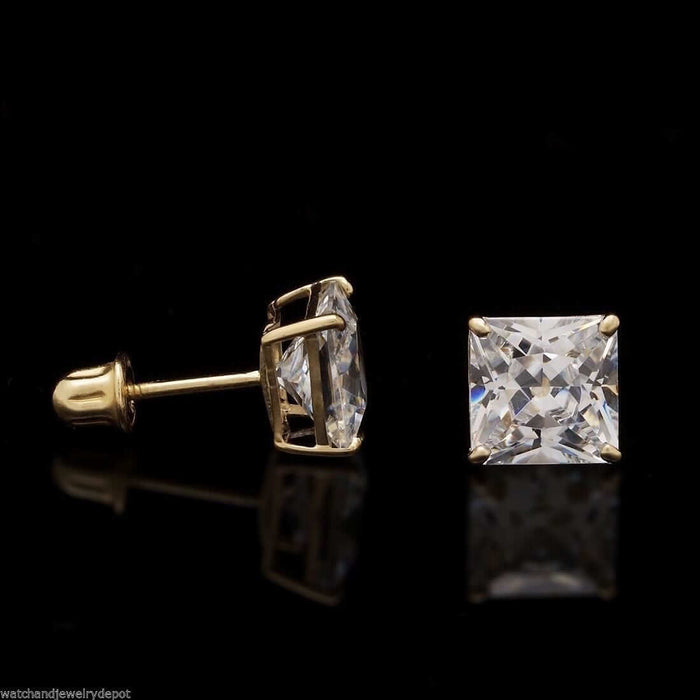 2Ct CZ Princess-Cut 14K Yellow Gold Stud Earrings 6mm