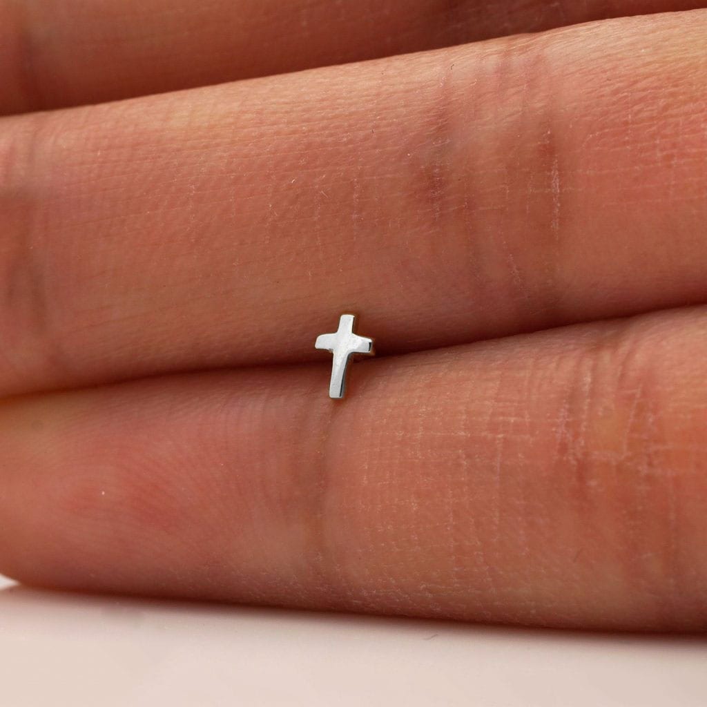 14K Real Gold White Cross Nose Bone Stud Ring 20G