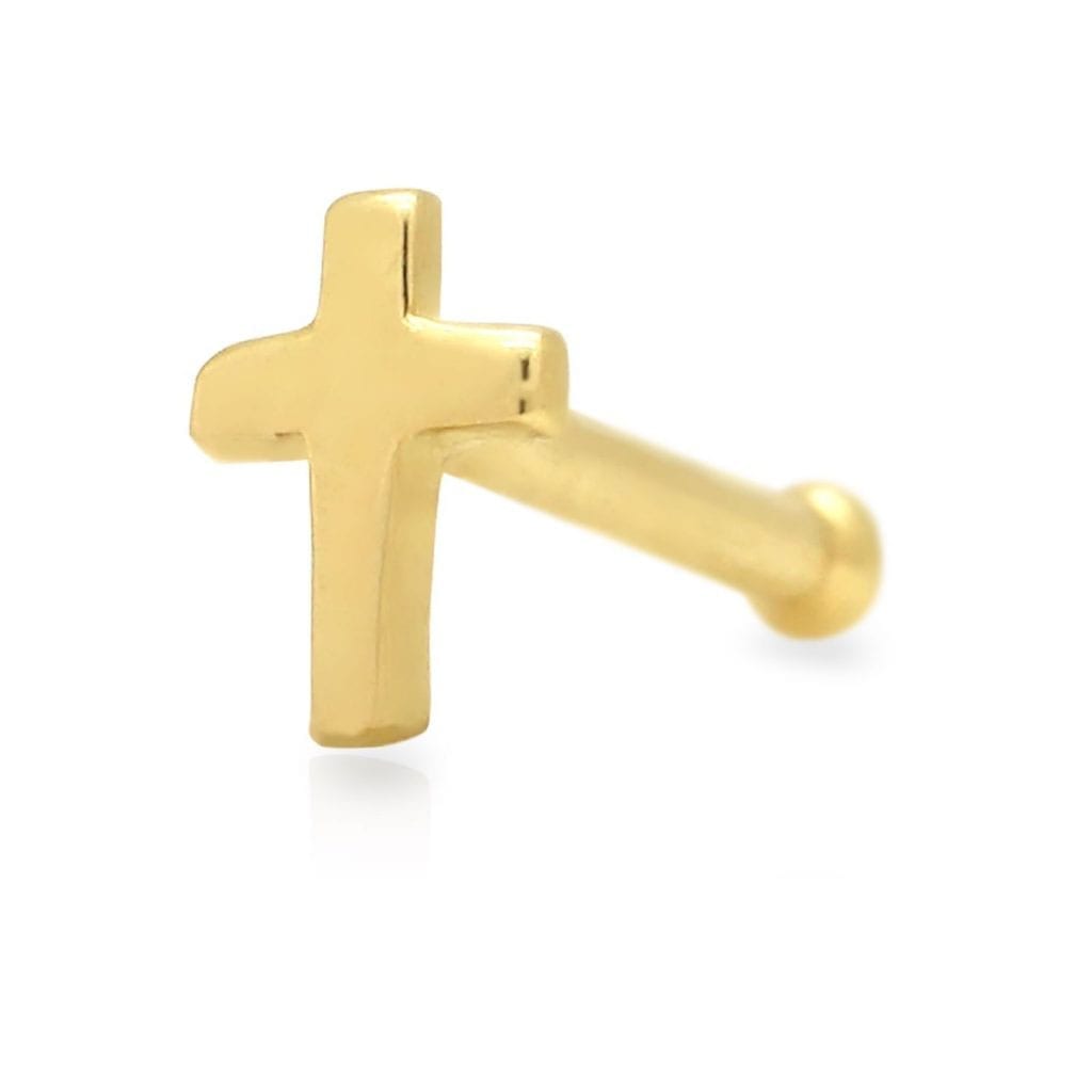 14K Real Gold White Cross Nose Bone Stud Ring 20G