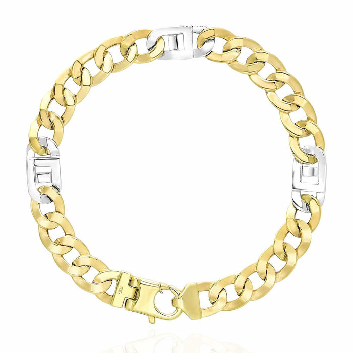14K Yellow White Gold 7mm Cuban Curb Mariner Fancy Bracelet (Hollow) 8.5"