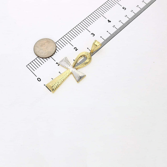 10K Two-Tone Yellow White Gold Diamond-Cut Egyptian Ankh Cross Pendant