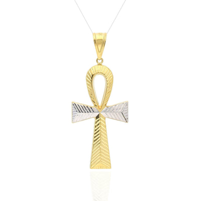 10K Two-Tone Yellow White Gold Diamond-Cut Egyptian Ankh Cross Pendant