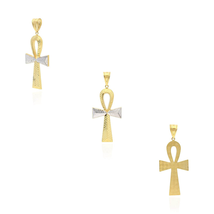 10K Two-Tone Yellow White Gold Diamond-Cut Egyptian Ankh Cross Pendant