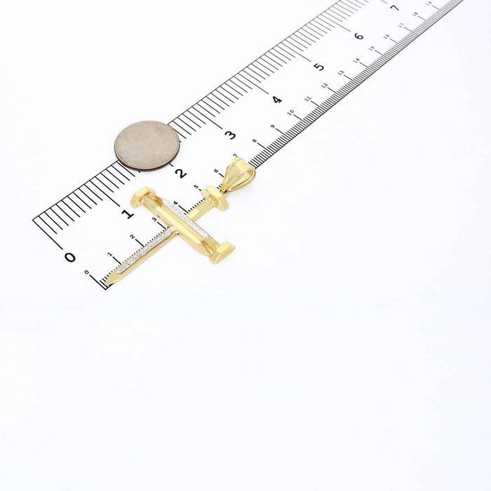 10K Yellow Gold White Two-Tone Diamond-Cut Nail Cross Pendant 2.6"