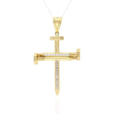 10K Yellow Gold White Two-Tone Diamond-Cut Nail Cross Pendant 2.6"