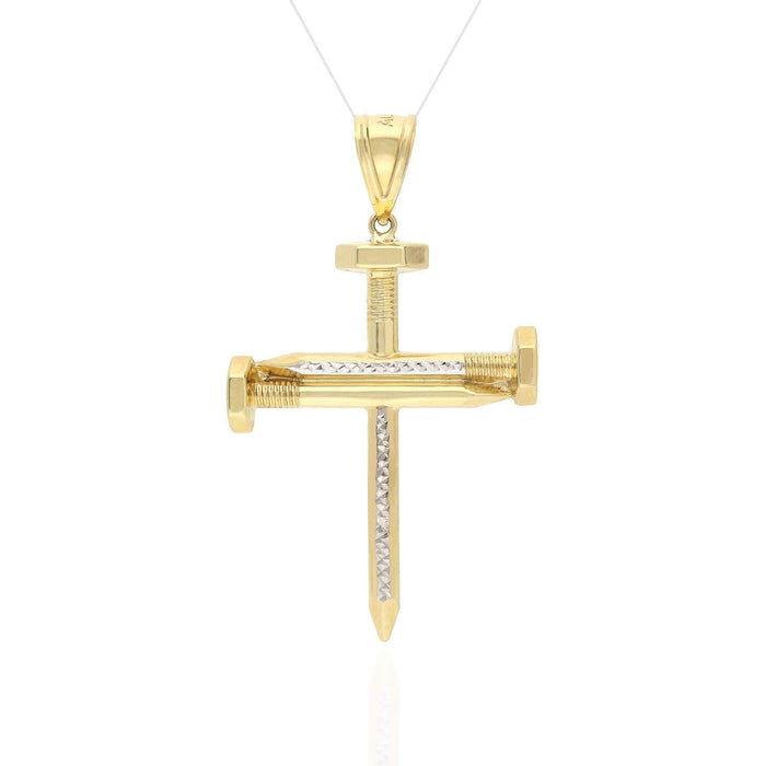 10K Yellow Gold White Two-Tone Diamond-Cut Nail Cross Pendant 2.6"