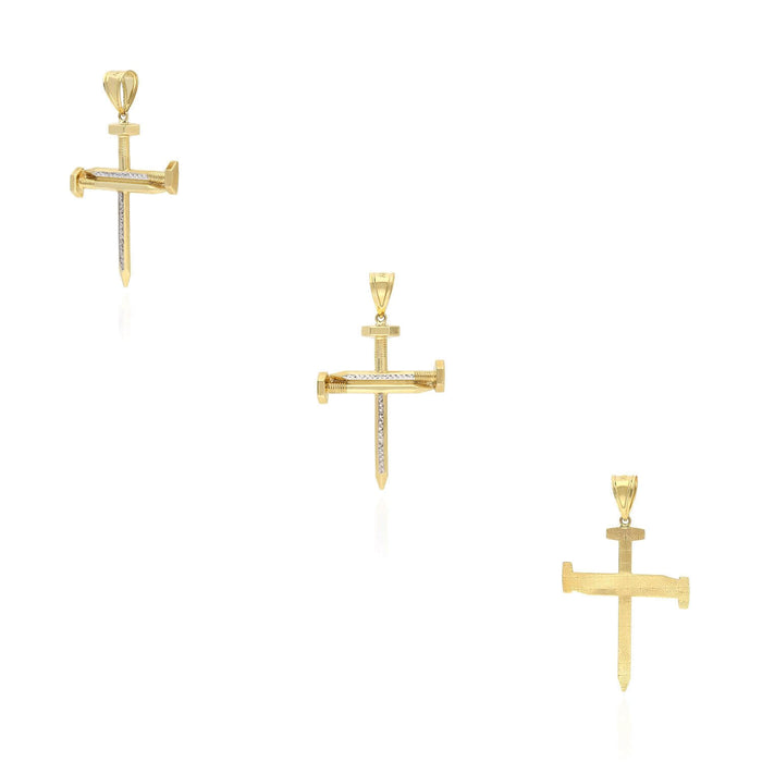 10K Yellow Gold White Two-Tone Diamond-Cut Nail Cross Pendant 2.6"