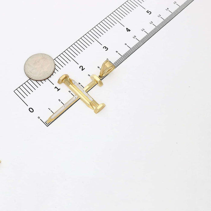 10K Yellow White Gold Two-Tone Diamond-Cut Spike Cross Pendant 67.4"