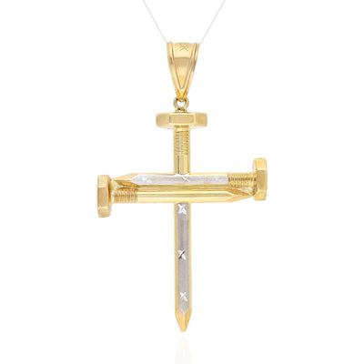 10K Yellow White Gold Two-Tone Diamond-Cut Spike Cross Pendant 67.4"