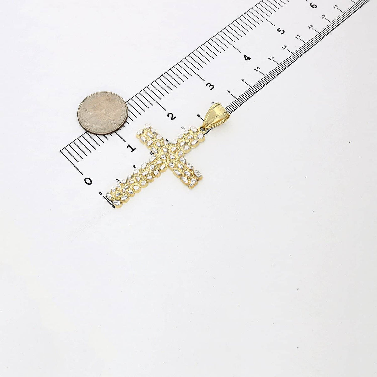 10K Gold White Diamond-Cut Nugget Cross Pendant
