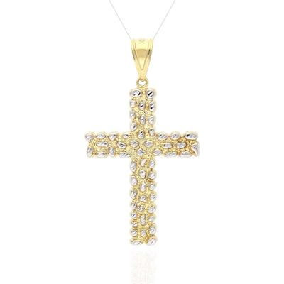 10K Gold White Diamond-Cut Nugget Cross Pendant